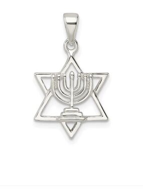 Sterling Silver Star of David Menorah Pendant - Silver